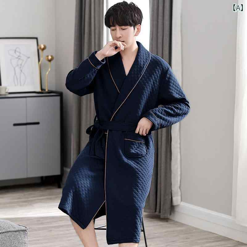 バスローブ メンズ 男性用 秋冬 厚手 長袖 3層 保温 純綿 空気綿 中綿入り 部屋着 ルームウェア ワンマイルウェア カジュアル 快適 襟付き ガウン パジャマ 寝間着
