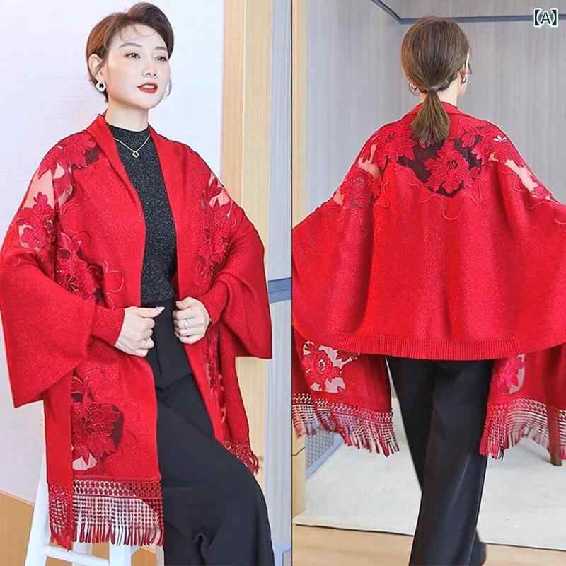 ・性別: 女性・素材: コアヤーン・季節: 冬、春、秋・カラー展開: レッド、ボルドー、ブラック、パープル・スタイル: エレガント・幅: 70cm・編み方: 経編み・柄: 花柄・機能: 保温・加工: 刺繍・デザイン: フリンジ・長さ: ロング