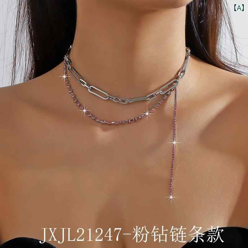 Blue - ネックレス レディース ショート 鎖骨ネックレス ピンクジルコニア ラインストーン タッセル チェーン 多層 切り替え アシンメトリー 幾何学模様 シンプル エレガント メタル