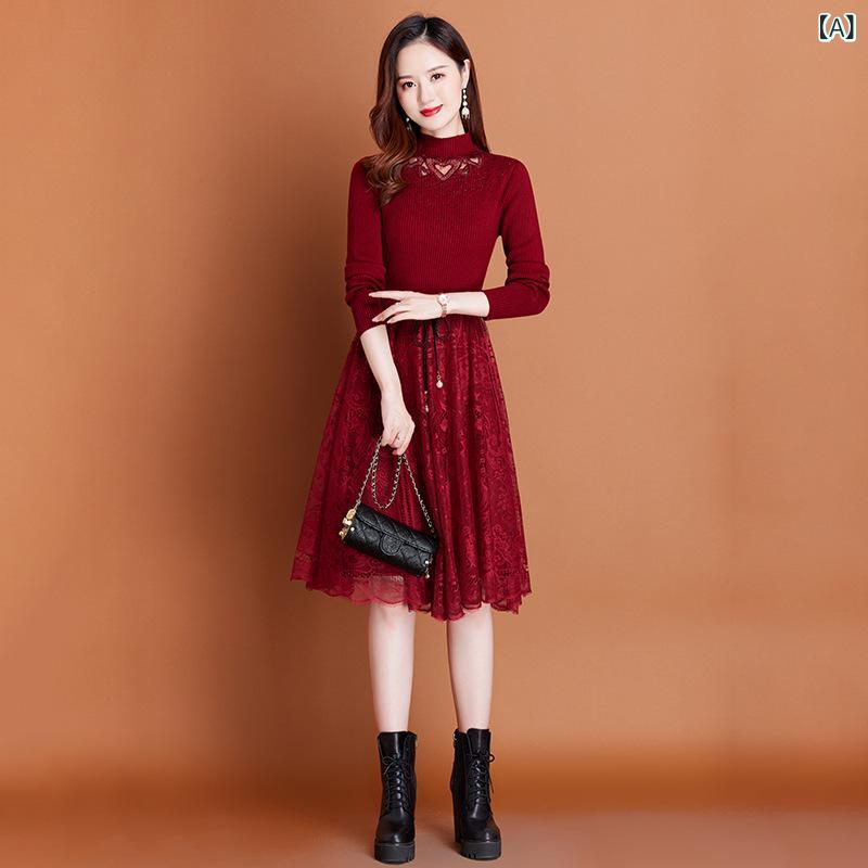 Rakuten - ワンピース レディース ニット レース 秋冬 ウエストマーク 細見え ロング丈 Aライン ラウンドネック 長袖 切り替え 通勤 きれいめ コートインナー ポリエステル アクリル ワインレッド ブラック