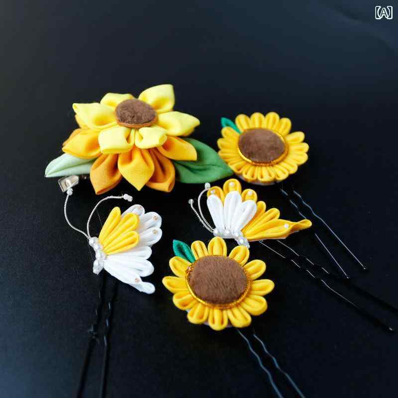 ヘアクリップ レディース 和装小物 着物 浴衣 髪飾り ひまわり 細工花 布製 手作り ハンドメイド オリ..