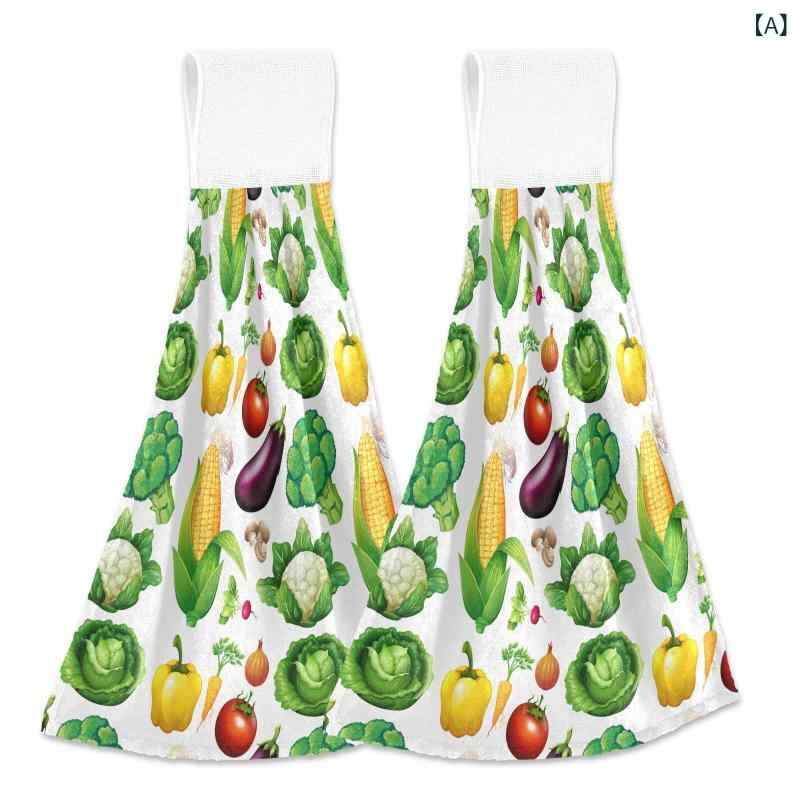 タオル 野菜 フルーツ柄 キッチン バス 洗面所 ハンドタオル ふきん 吊り下げループ付き 吸水性 速乾性..