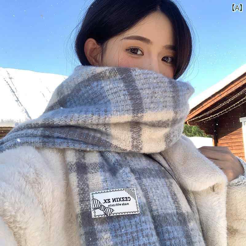 マフラー レディース 韓国風 ブルー 青 格子柄 チェック柄 フェイクカシミヤ アクリル 厚手 暖かい 防..
