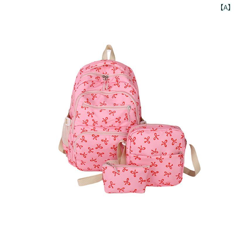 Rakuten - リュックサック レディース 学生 大学生 3点セット ナイロン 大容量 軽量 リボン 総柄 配色 かわいい スクールバッグ 旅行用 通学 普段使い