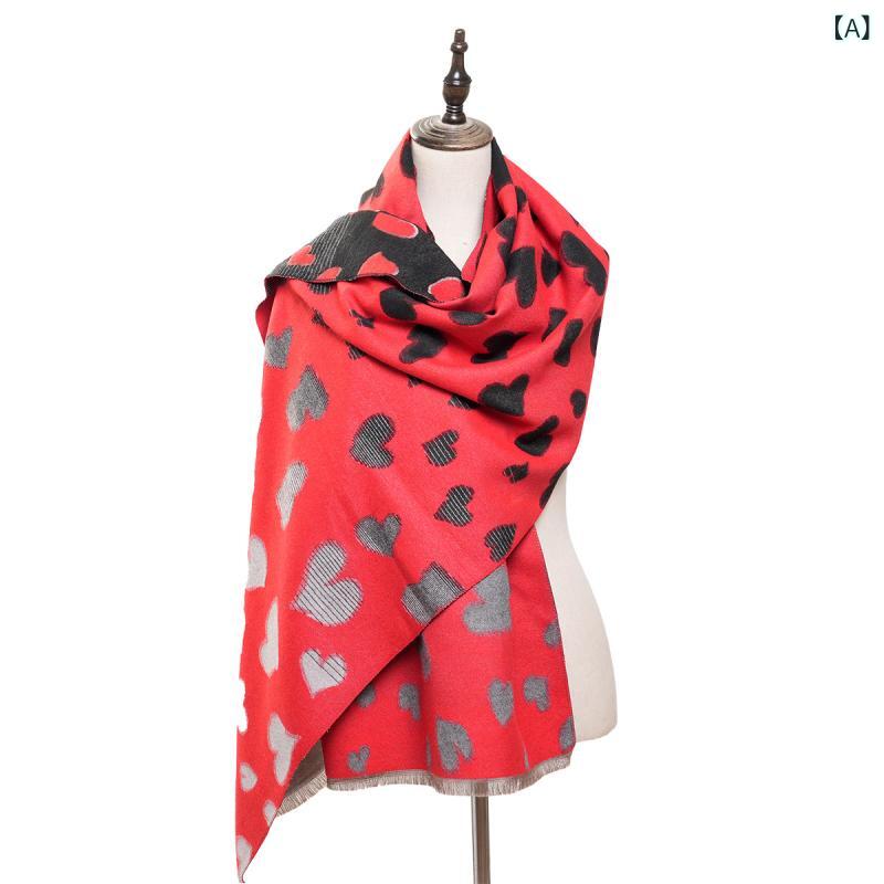 マフラー ストール ショール レディース 女性用 欧米風 カシミヤ 両面 ハート柄 プリント 保温 暖かい ..