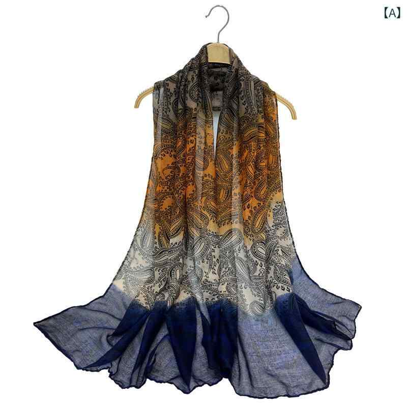 スカーフ レディース ペイズリー柄 プリント ショール ストール 高級感 エレガント UVカット 日焼け対策 春夏 ロング丈 ポリエステル製 オフィス カジュアル 通勤 普段使い ネイビー ブラック ブラウン パープル(x2)
