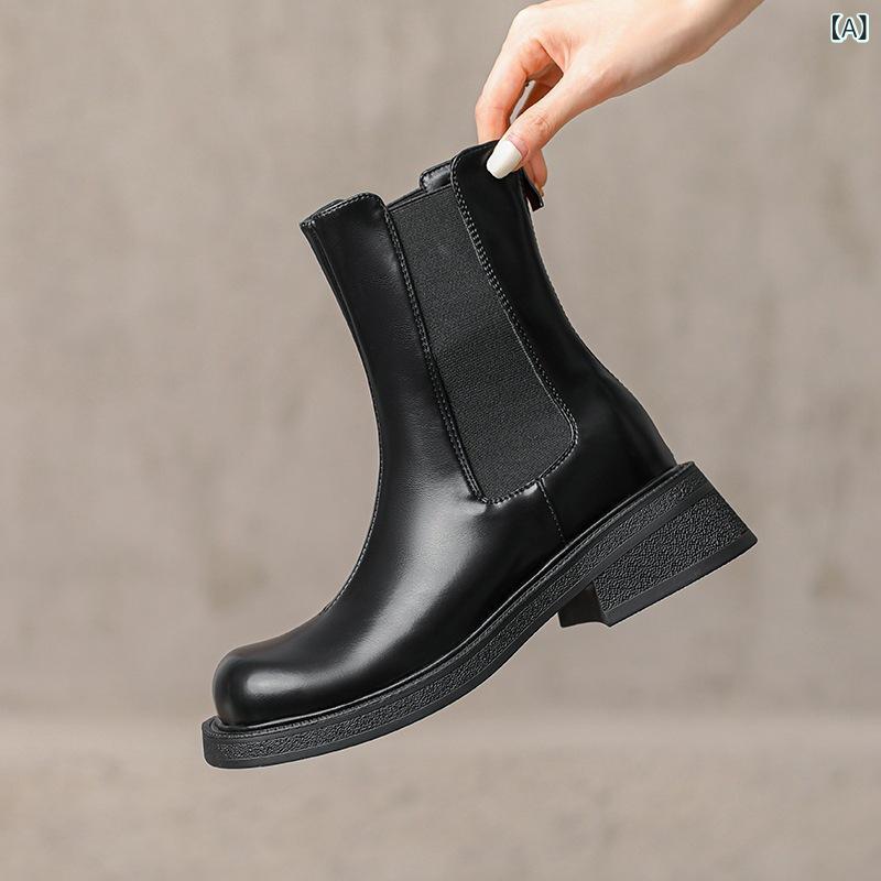 チェルシーブーツ レディース 女性用 大きいサイズ スクエアトゥ 太ヒール チャンキーヒール ショート ..