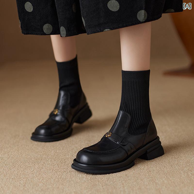 ブーツ レディース スリム ソックスショートブーツ レトロ 牛革 ニット 切り替え サザンカ 花柄 ラウンドトゥ チャンキーヒール ブラック カジュアル 普段使い