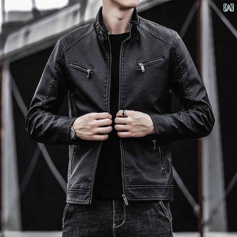 樂天商城 - レザージャケット メンズ 男性用 PUレザー フェイクレザー スタンドカラー ライダース パンク ジップアップ 秋 韓国風 カジュアル スリムフィット アウター