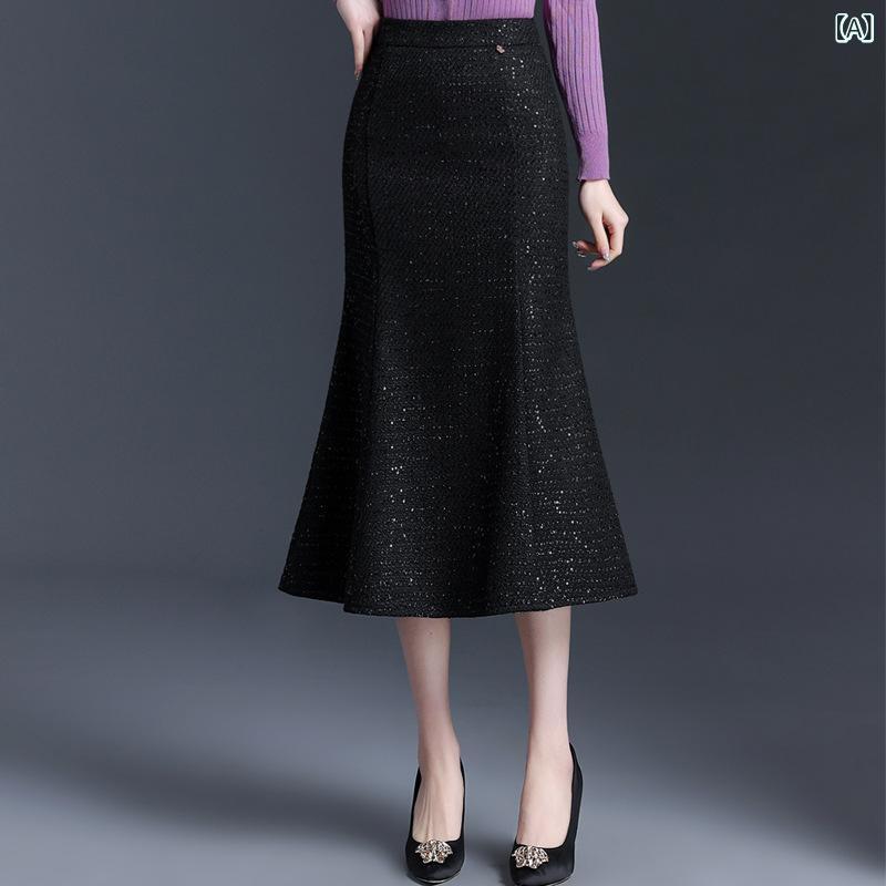 マーメイドスカート レディース ハイウエスト タイト フィッシュテール ミディ丈 スタイルアップ 上品 エレガント 通勤 オフィス 秋冬 ポリエステル 切り替え 微ストレッチ ブラック ベージュ シャンパン