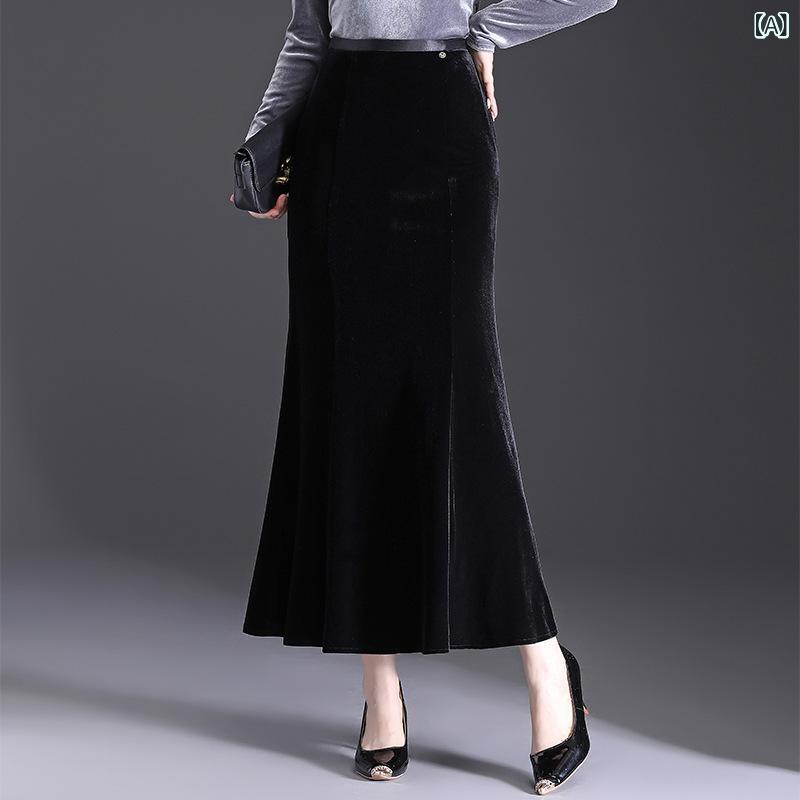 マーメイドスカート レディース 秋冬 裏起毛 ベロア ベルベット タイト ミモレ丈 ロング丈 ヒップライン 着痩せ ドレープ感 伸縮性 通勤 オフィス きれいめ ブラック