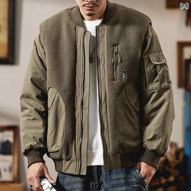 乐天商城 - アウター メンズ ボア切り替え 中綿ブルゾン フライトジャケット ワークテイスト ゆったり オーバーサイズ ビッグシルエット 秋冬 防寒 厚手 ジップアップ 多ポケット 無地 カジュアル ストリート 男性用