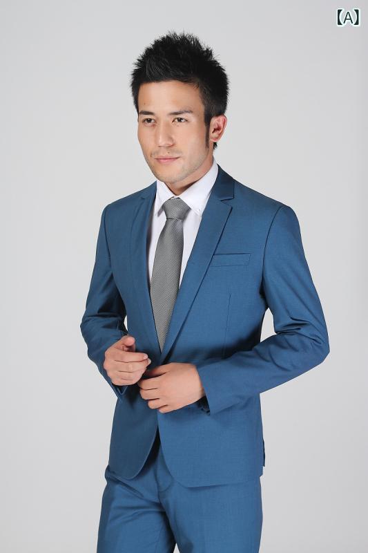 スーツ メンズ 男性用 ロイヤルブルー 青 混紡素材 セットアップ フォーマル 礼服 シングルボタン 1つボタン スリムフィット ウエストシェイプ 韓国風 ビジネス オフィス 結婚式 新郎 披露宴 パーティー 秋冬