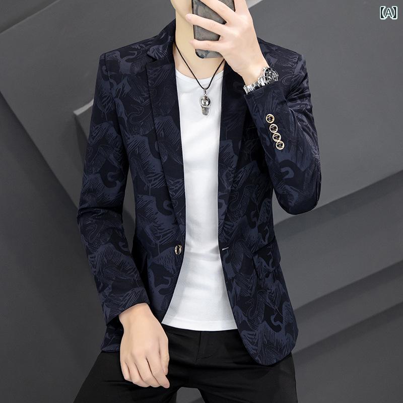 ・カテゴリ: カジュアルジャケット・スタイル: 韓国風・適用対象: 成人男性・版型: スリムフィット・主な素材: ポリエステル繊維 85%・裏地素材: ポリエステル繊維・ネックライン: テーラードカラー・袖丈: 長袖・着丈: レギュラー・柄: プリント・フロント: シングルブレスト1つボタン・ポケットスタイル: フラップポケット・ベント: センターベント・裾デザイン: ラウンドヘム・適用シーン: カジュアル・カラー展開: ネイビー、ブラック、ワインレッド・サイズ展開: M、L、XL、XXL、XXXL、4XL