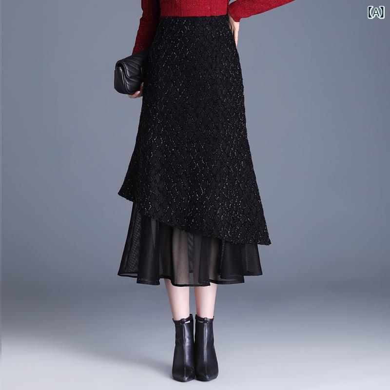 スカート レディース 秋冬 ハイウエスト スリム見え 切り替え チュール マーメイドスカート ミディ丈 通勤 オフィス ポリエステル ストレッチ 無地 ブラック 上品