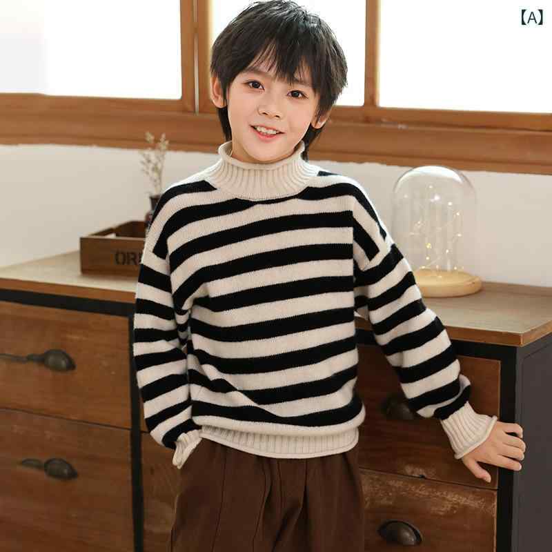 ・カテゴリ: キッズセーター・性別: ユニセックス・スタイル: 韓国風・加工: 柔軟加工・主な素材: 羊毛100%・ネックライン: ハイネック・袖丈: 長袖・厚さ: 厚手・毛糸の太さ: 太め・開閉: プルオーバー・柄: ストライプ・カラー: ブラック、オフホワイト・サイズ展開: 100cm、110cm、120cm、130cm、140cm、150cm、160cm