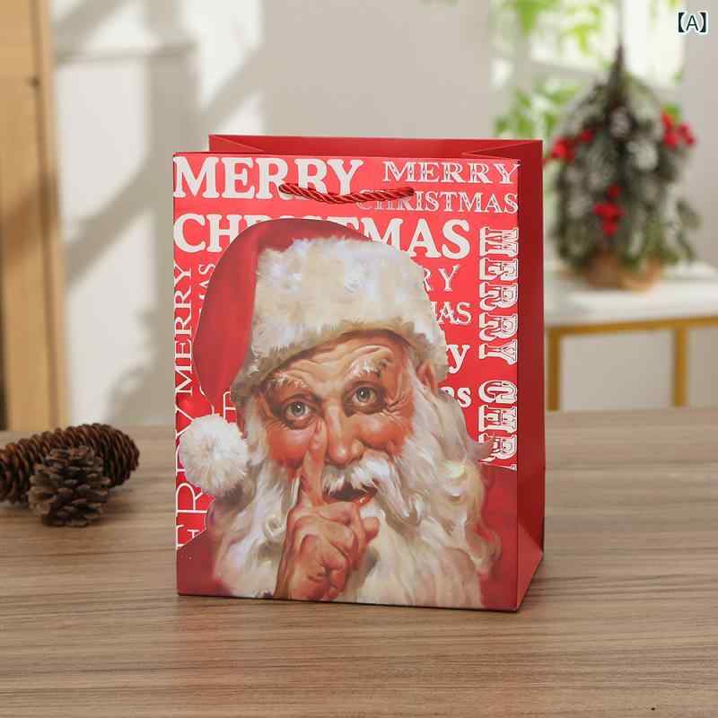 紙袋 油絵風 サンタクロース クリスマス 紐付き 手提げ プレゼント 贈答品 包装 ショッピング用 白い厚紙 カラフル 印刷 複数サイズ