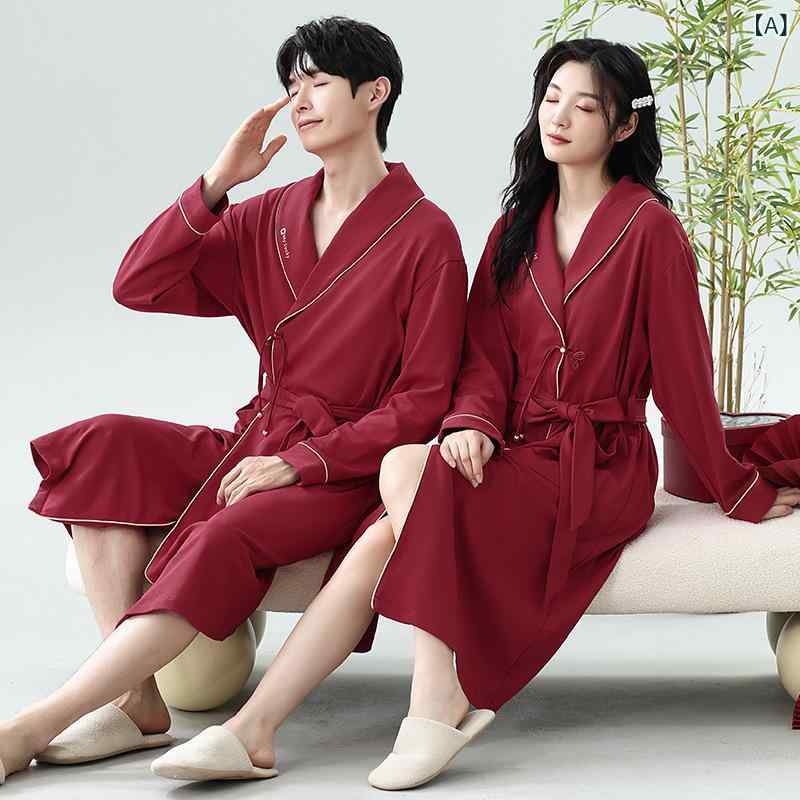 パジャマ カップル ペア 男女兼用 綿 コットン 100% 長袖 前開き ルームウェア 寝巻き ガウン ミドル丈..