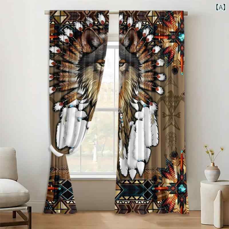 カーテン 2枚組 アニマル柄 部族の狼 野獣 デジタルプリント 半遮光 ポリエステル 北欧 モダン リビング 寝室 書斎 ダイニング キッチン 玄関