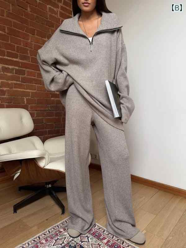 セットアップ レディース ニットトップス 無地 ハイネック ファスナー プルオーバー 長袖 ロングパンツ ストリート カジュアル 秋冬 レッド カーキ