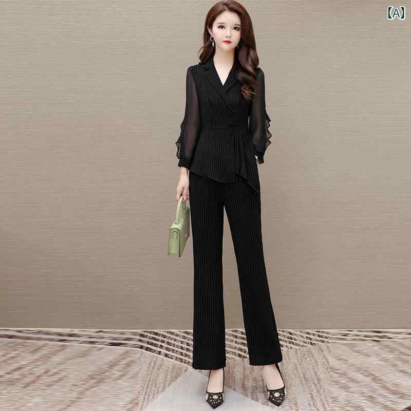 セットアップ レディース ママ ミセス 女性用 ストライプ柄 韓国風 スリム きれいめ 上品 通勤 オフィス カジュアル 秋 ツーピース 上下セット