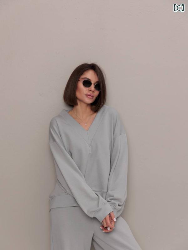 セットアップ レディース 長袖 Vネック スウェット プルオーバー ゆったり ワイドパンツ 無地 2点セット カジュアル ストリートファッション ポリエステル 普段使い ルームウェア 秋冬