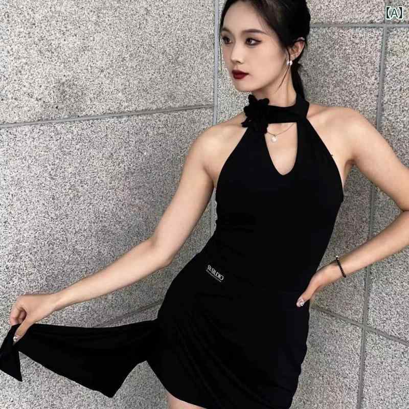 ダンスウェア レディース ホルターネック レオタード フレアスカート ラテン 社交 競技 練習着 レッスン着 黒 ブラック 脚長効果 スタイルアップ 発表会 イベント 春夏 麻素材