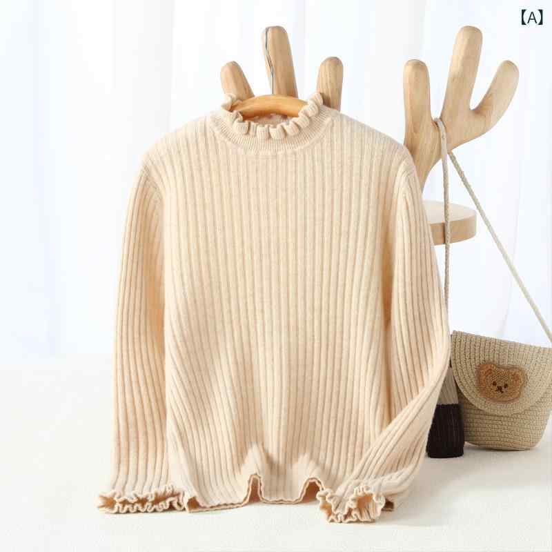 ニット キッズ 女の子 純羊毛 ウール 上質 モックネック 長袖 メローフリル 無地 リブ編み プルオーバー トップス 暖かい ソフトタッチ 普段使い カジュアル 秋冬