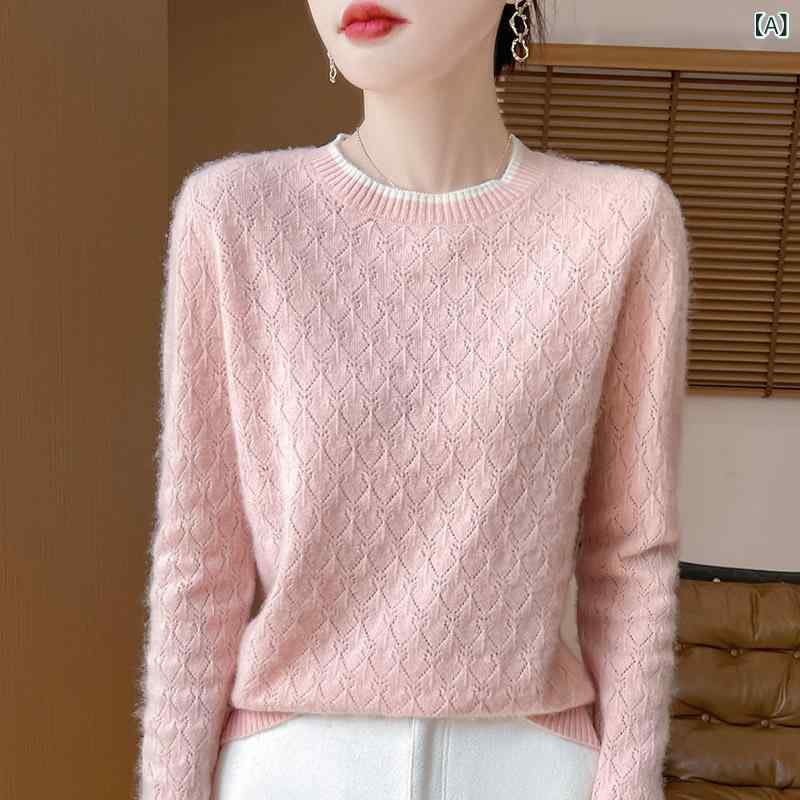 ニットトップス レディース 純羊毛 ラウンドネック 長袖 透かし編み 配色切り替え デザイン セーター 秋冬 ゆったり プルオーバー 上品 きれいめ カジュアル オフィス 通勤着(4.0)