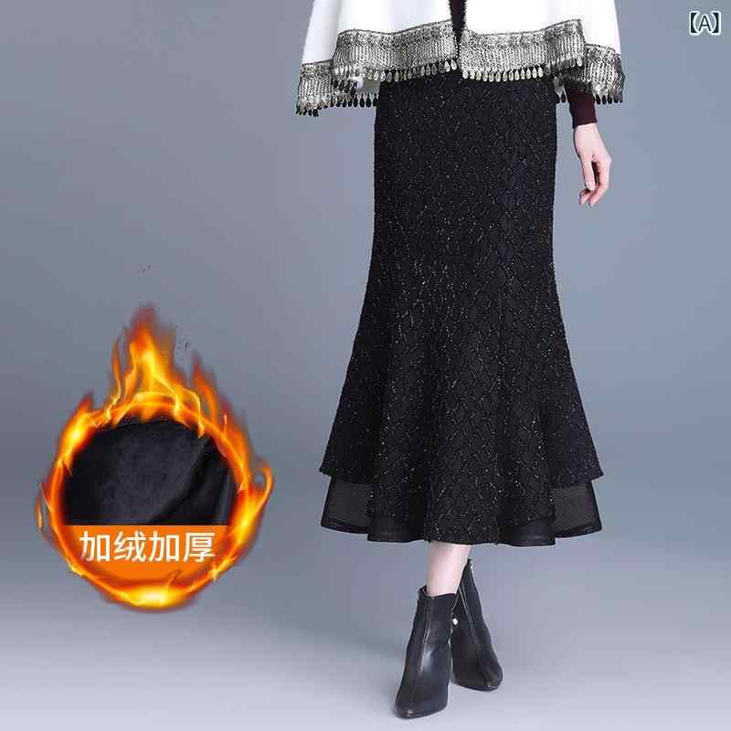 スカート レディース 裏起毛 マーメイド ハイウエスト 細見え 美シルエット チュール 切り替え ミディ丈 秋冬 上品 通勤 オフィス ブラック ポリエステル 伸縮性