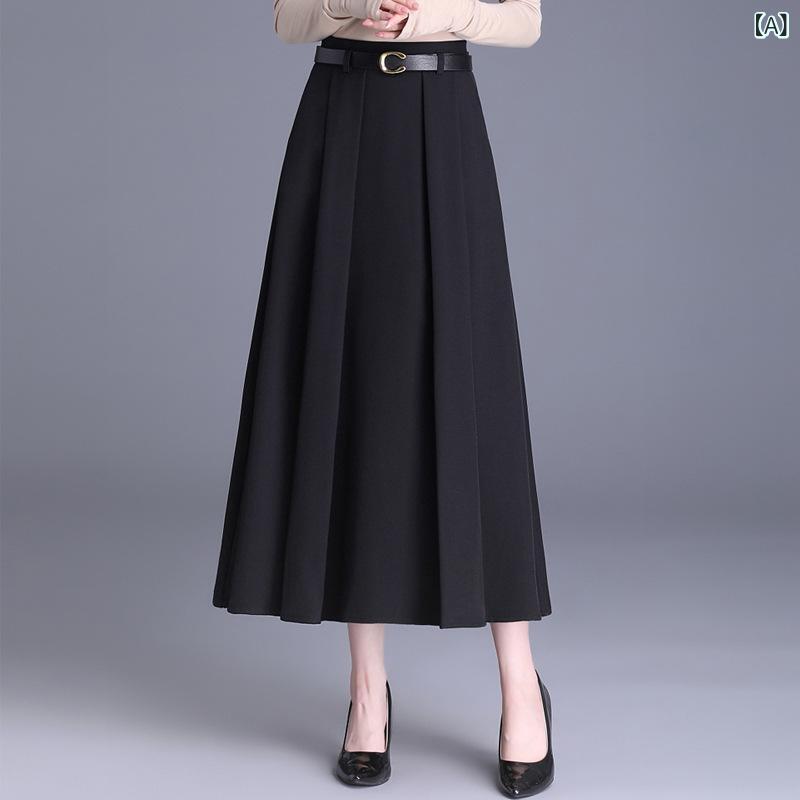 スカート レディース プリーツスカート Aライン ミディ丈 ミモレ丈 ハイウエスト 着痩せ フレア シンプル きれいめ オフィス 通勤 ビジネス カジュアル 普段使い デイリーユース エレガント 秋冬 ポリエステル ブラック 切り替え ストレッチ 伸縮性