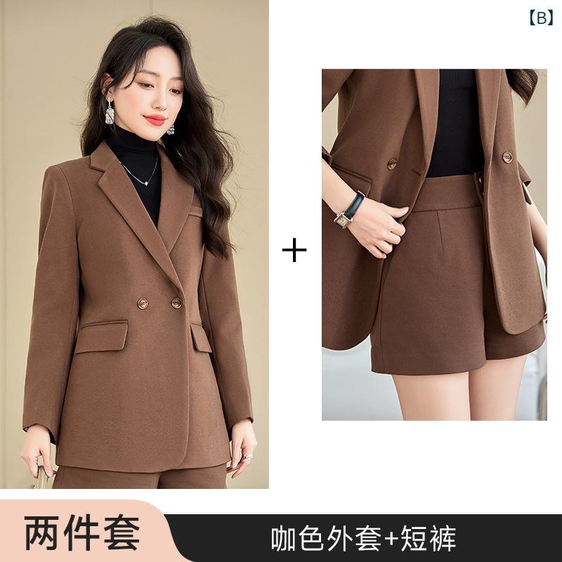 セットアップ レディース テーラードジャケット ショートパンツ 春秋 ビジネス オフィス 通勤 フォーマル ポリエステル ウール調 長袖 若見え 上品 エレガント ブラウン系