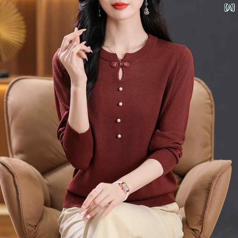 ニット レディース 母親向け 中華風 チャイナスタイル 上品 エレガント 長袖 ショート丈 丸首 プルオーバー 切り替え セーター トップ..