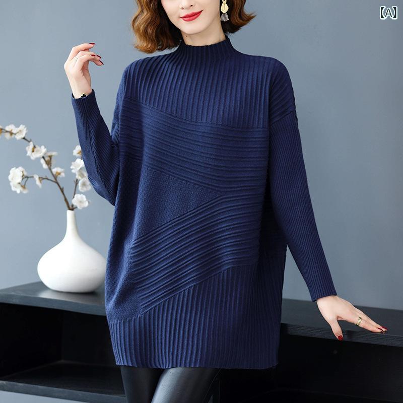 ニット レディース 秋冬 おしゃれ ゆったり 大きいサイズ ママ ミセス 体型カバー モックネック ハイネック 切り替え 厚手 アクリル ポリエステル プルオーバー チュニック丈 セーター カットソー トップス