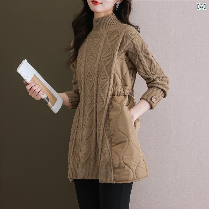 ニット レディース ボトルネック フェイクレイヤード 切り替え レーヨン混 厚手 ゆったり チュニック丈 秋冬 体型カバー 上品 ブラック