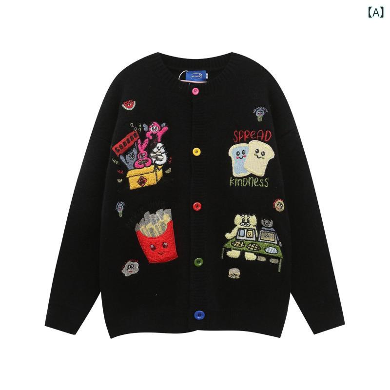 Rakuten - ニットカーディガン ユニセックス 秋冬 キャラクター アップリケ刺繍 ゆったり オーバーサイズ アメリカンカレッジ風 ペア ルーズフィット カジュアル トップス ブラック