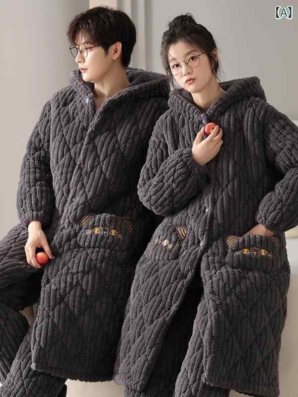 パジャマ カップル 男女兼用 秋冬 サンゴフリース 極厚 フード付きロングトップス 長袖長ズボン 三層保..