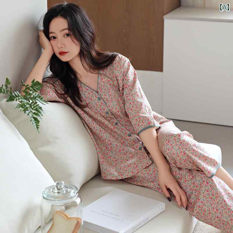 パジャマ レディース 春夏秋 綿100% 柔らかな肌触り かわいい 小花柄 大きいサイズ ゆったり 薄手 丸首 長袖 九分丈 ルームウェア 上下セット