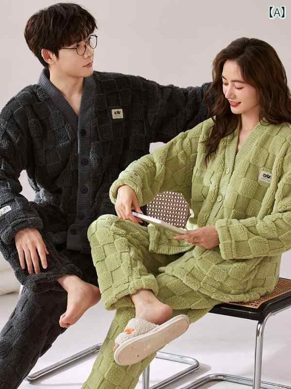 パジャマ ルームウェア 男女兼用 カップル フランネル 徳ロン 秋冬 長袖 前開き ロングパンツ 上下セッ..