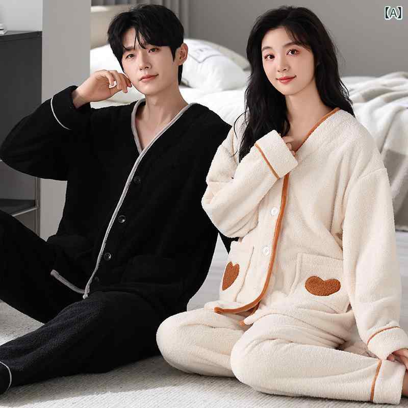 パジャマ 男女兼用 カップル ペア 秋冬 裏起毛 厚手 サンゴフリース もこもこ ふわふわ 保温 あったか ..