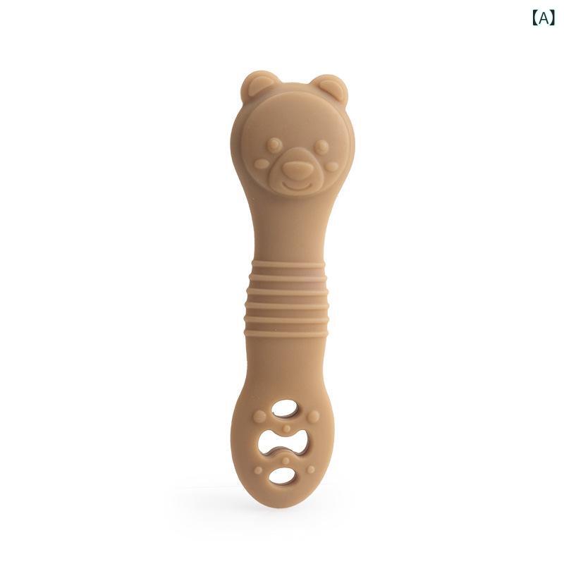 ベビー 赤ちゃん 歯固め 離乳食スプーン クマ 動物モチーフ シリコン製 2in1 多機能 一体型 生後3ヶ月〜 育児グッズ 出産祝い ギフト キャラメル ラベンダーパープル ベージュ 抹茶グリーン
