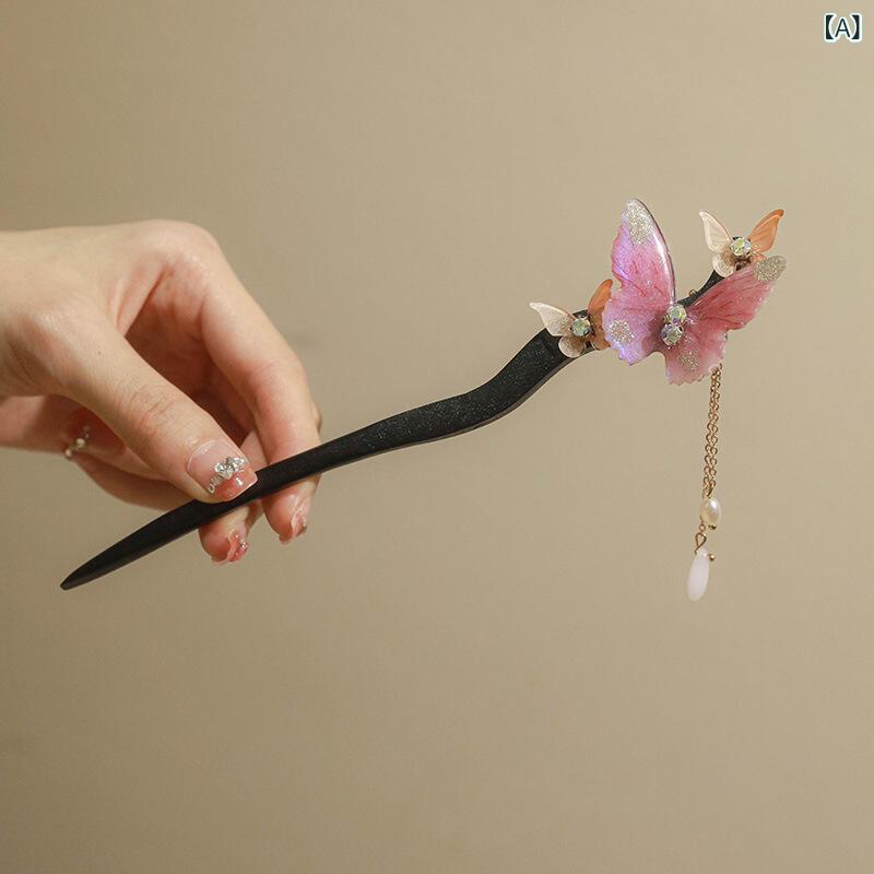 かんざし レディース 女性用 蝶 タッセル 高級感 優雅な古風デザイン 新中華風 幻想的 髪飾り 馬面裙 浴衣 着物 和装小物 木製 紫 パーティー 成人式 卒業式(x2)