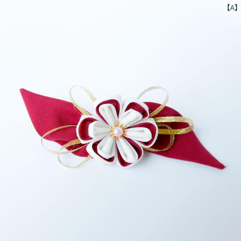 ヘアアクセサリー レディース かわいい 和風 つまみ細工花 バンスクリップ リボン 布製 ハンドメイド ..