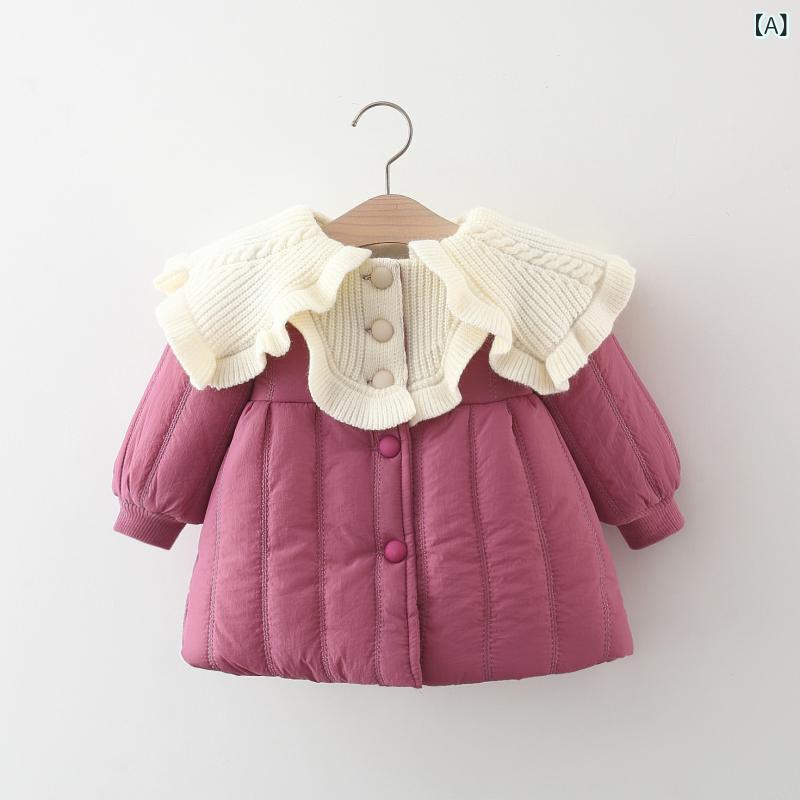 乐天商城 - 中綿ジャケット 女の子 幼児 秋冬 厚手 裏起毛 保温 ビッグカラー ニットフリル ショート丈 プリンセス風 かわいい おしゃれ 韓国ファッション 綿素材 コート アウター