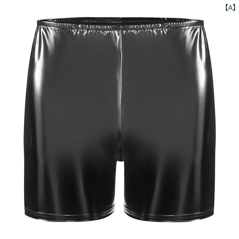 ショートパンツ メンズ PVC エナメル 光沢 レザー フェイクレザー 短パン ハーフパンツ セクシー ジップクロッチ フルオープン ブラック レッド 黒 赤 ルーズ ゆったり 伸縮性 ストレッチ