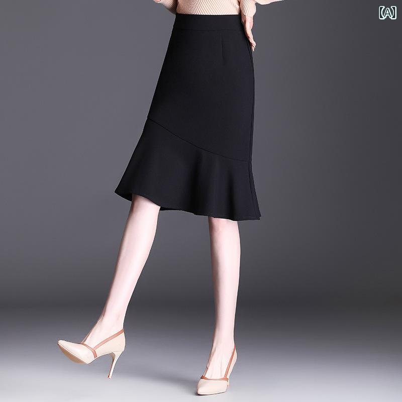 スカート レディース オフィス 通勤 ビジネス きれいめ 細見え ハイウエスト Aライン マーメイド Iライン タイト ミディ丈 韓国風 ブラック ポリエステル ボトムス