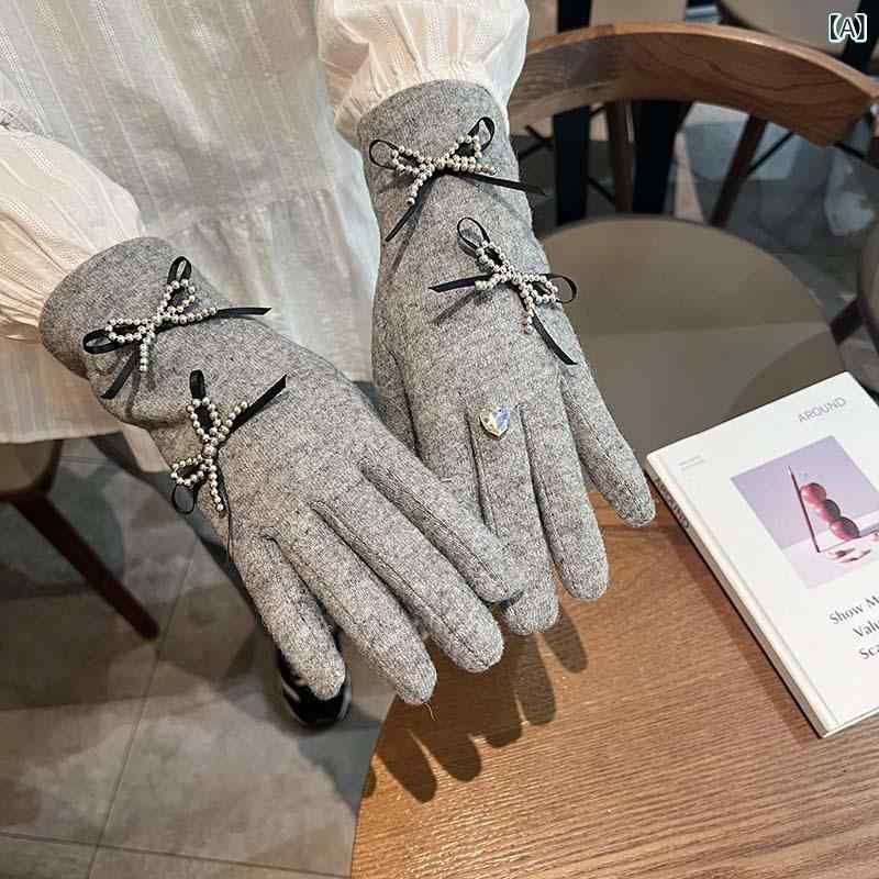 手袋 レディース グローブ 5本指 カシミヤ ダブルパール リボン 裏起毛 厚手 保温 防寒 あったか スマホ対応 タッチパネル対応 自転車 サイクリング 通勤 通学 秋冬 上品 グレー ピンク ブラック フリーサイズ 冷え対策