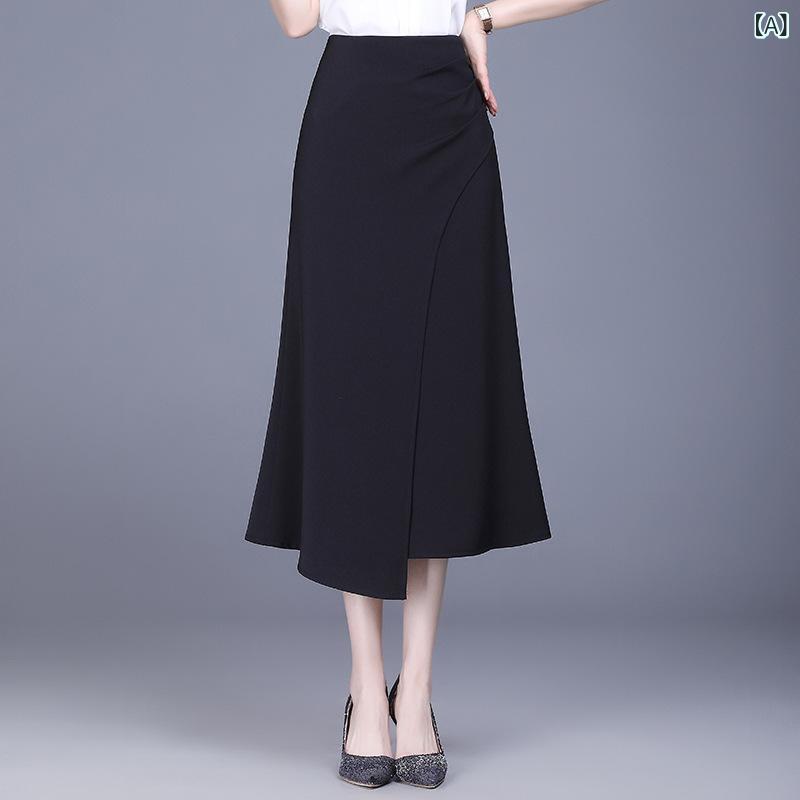 スカート レディース 不規則ヘム Aライン マーメイドライン タイト 切り替え プリーツ ミディ丈 着痩せ 体型カバー 上質 高級感 韓国風 カジュアル きれいめ 通勤 オフィス ポリエステル ブラック 秋冬