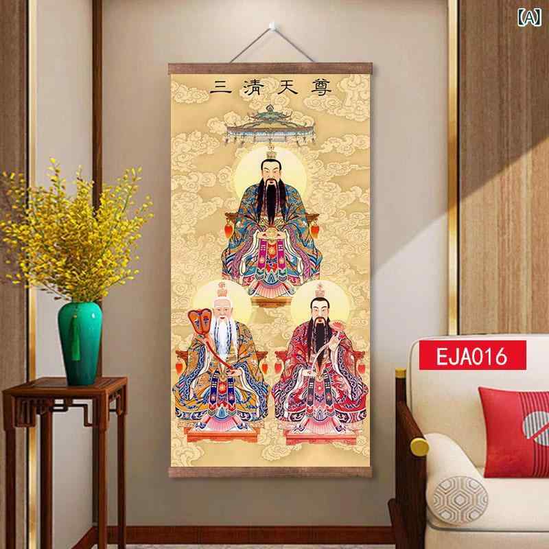 装飾画 三清道教三尊 元始天尊 太上老君 霊宝天尊 神像 供養 祭祀 掛け軸 巻物画 ウォールアート アートパネル キャンバス地 高精細プリント 新中華風 インテリア リビング 書斎 玄関 店舗用
