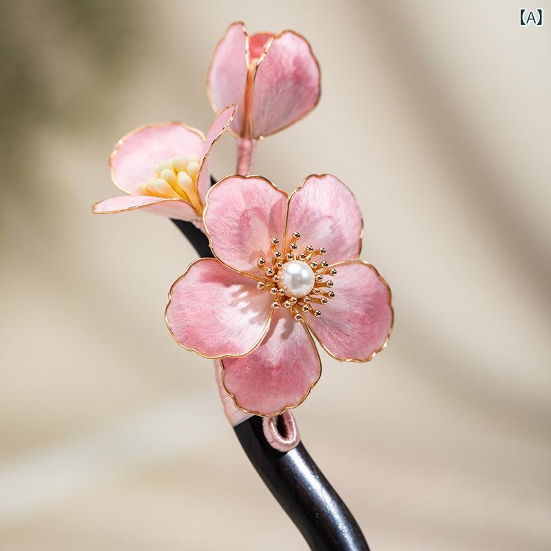髪飾り 手作り 蚕糸 絨花 黒檀 簪 かんざし ピンク フラワーモチーフ 漢服 和装 着物 浴衣 まとめ髪用 成人式 卒業式 結婚式 パーティー イベント レトロ アンティーク 上品 高級感(x2)